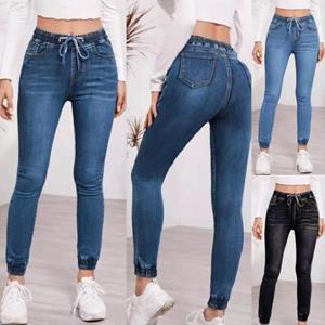 Heimao1949 Trekkoord Bandage Denim Jeans voor vrouwen Hoge taille Stretch Slanke Jean Dames Plus Size Full Length Potlood Broek