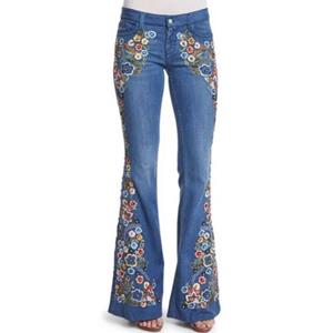 91530103MAC32JTX96 European and American Women's Jeans Embroidered Slim-fit Washed Flared Jeans