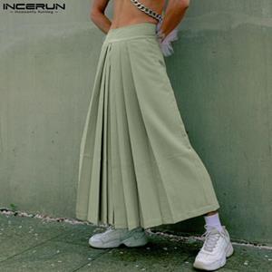 INCERUN Pleating Men Solid Color Fashion Streetwear Long Skirts