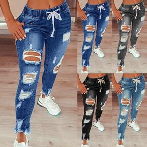 Lucky Blue Elastische taille denim jeans voor vrouwen sexy gescheurd gat stretch jean dames plus size verband lange broek