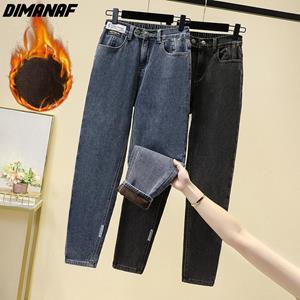 Dimanaf Plus Size Long Pants Women Jeans Denim Thickening Fleece Warm Pants Loose Casual Trousers 5XL 2023 New Winter