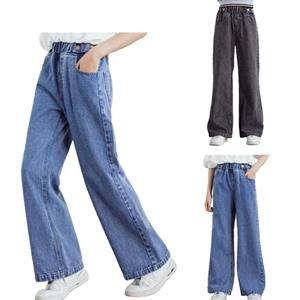 IEFiEL Kids Girls Youth Casual Washed Elastic Letter Waist Wide Leg Jeans Skinny Demin Pants Baggy Trousers