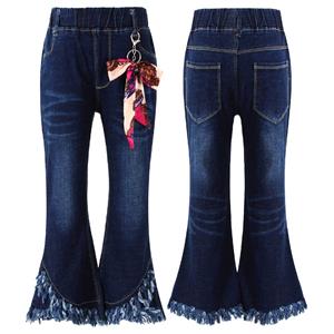 IEFiEL Kids Girls Long Pants Flared Jeans Casual Denim Bowknot Decor Tassel Hem Bell-bottoms Trousers