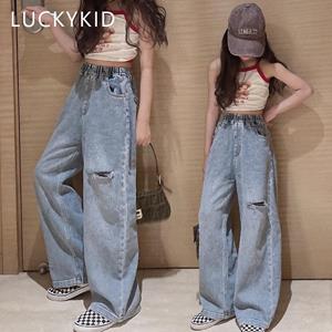 SUPER BABY1 Girls Long Jeans Blue Ripped Wide Leg Jeans for Kids Fashion All-match High Waist Trousers 12 13 14 Years Teen Children's