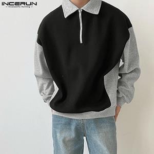 INCERUN Autumn Winter Men Stitching Color Collared Shirt Zip Tops