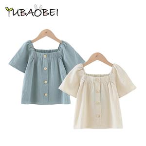 YUBAOBEI Summer Girls T-Shirt Casual Square Neck Puff Sleeve T-Shirt Children Summer Kids Cotton Linen Soft Loose Top
