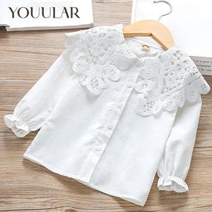 YOUULAR Girls Spring Autumn White Shirt Korean Fashion Children's Bottoming Top Solid Color Long-sleeved Lace Collar Blouse