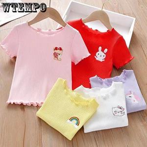 WTEMPO Children's Short-sleeved T-shirt Ice Silk Ruffles Bottom Shirt Little Girl's Baby Foreign Style Embroidery Top Summer Clothing