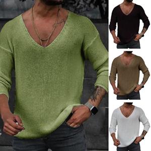 Chosyin Men Spring Autumn V-neck Long Sleeve Sweater Loose Fit Solid Color Bottoming Pullover Tops Simple Casual Knitting Tee Tops
