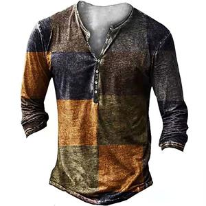 Haojun Color Block Color Matching Men's Clothing Retro T-shirt, Fashionable and Personalized Men's 7-button Large V-neck Casual Printed T-shirt.