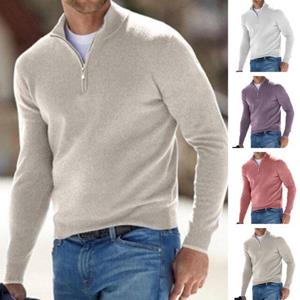 Manshanwangluo Men Fall Winter Sweater Zipper Stand Collar Neck Protecion Long Sleeve Solid Color Casual Soft Men Warm Top