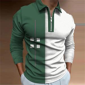 Haodingfushi Spring/Autumn Men's High Street 3D Spliced Print Casual Long Sleeve Polo Shirt Men's Christmas Ball Party Lapel Zip-up Polo Shirt .