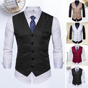 Chosyin Men Formal Waistcoat Business Vest V Neck Sleeveless Single-breasted Pockets Solid Color Buttons Slim Fit Soft Groom Groomsman Coat