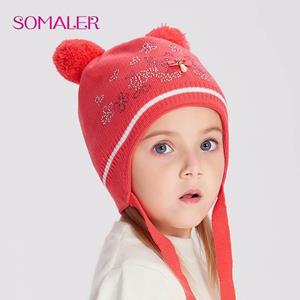 SOMALER Girls Winter Hats Double Wool Pompom Kids hat Cute Cat Pattern Rhinestone Beanies For Children Warm Knitted Caps
