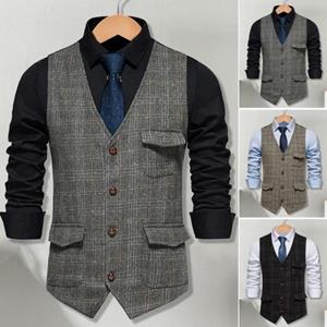 Manshanwangluo Retro Men Business Waistcoat Sleeveless Pockets Single Breasted Slim Fit Vest Coat Plaid Print Work Waistcoat