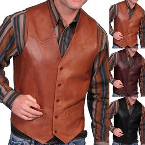 Cozyoutfit Fashion Western Leather Cowboy Vest for Men Spring Autumn Outwear Faux Leather Waist Coat Vest Coat Plus Size