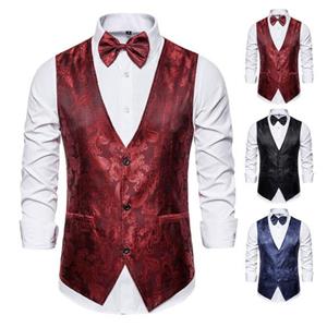 Fashion Choice Men Suit Vest Formal Vintage Print Single-breasted V Neck Buttons Sleeveless Slim Fit Cardigan Groom Wedding Emcee Performance Waistcoat with Bow Tie