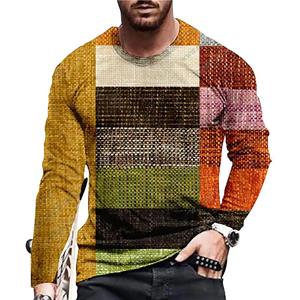 Haodingfushi World Winter Cotton Mosaic Loose Color Block 3D Print Men's T-Shirt Round Neck Long Sleeve Casual Top Polo Tee