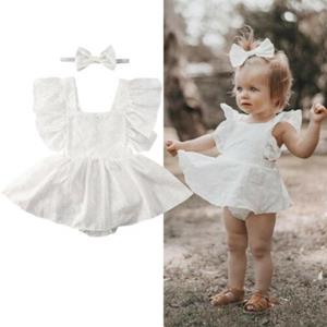 Little Fashionistas Baby Meisje Ruffle Romper Jurk Infant Mouwloze Lace Tutu Bodysuit Wit Effen Kleur Zomer Jumpsuit + Hoofdband