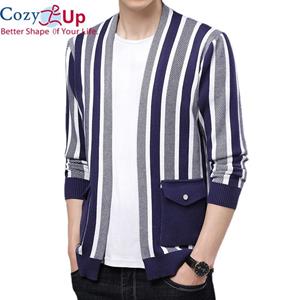 Cozy Up Trendy Blue Striped Cardigan Men Korean Fashion Color Contrast Pocket Cardigan Sweater Men Knit Plus Size Black Loose Cardigan