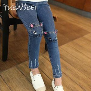 YUBAOBEI Baby meisje jeans geborduurd kitten schattig patroon kat / bunny jeans mode winter fluweel warme broek