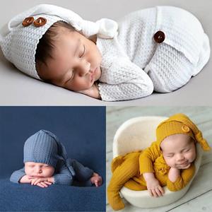 Tabajw Pasgeboren Baby Fotografie Prop Footed Romper Button Overalls Hat Set