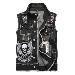 Summer sea Men Punk Cowboy Jeans Vest Mannen geborduurd Skull Skull Vest Black Badge Motor vest
