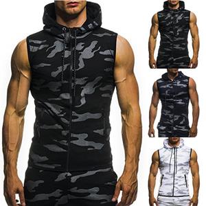 M Queen Men's Sleeveless Vest Camouflage Zipper Hooded Tops Fashion Casual Vest Slim Fit