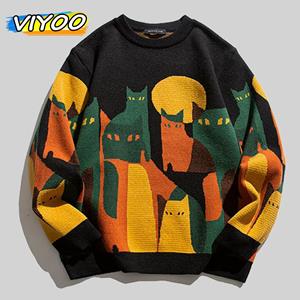 VIYOO Mens Women Pull Knitted Sweater With Cats Sweatshirts Y2K Clothes Pullover Long Sleeve Winter Jumper Knit Fleece Sweater For Men