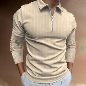 Casual Mans Clothing Long Sleeve Standing Streamline Striped Print Solid Color POLO Shirt for Men T-shirt Base