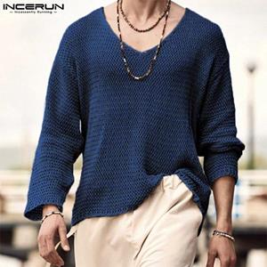 INCERUN Spring Men's Long Sleeve Loose V Neck Tops