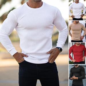 Tianhangyuan Men T-shirt Solid Color Long Sleeve Round Neck Slim Fit Pullover Warm Casual Breathable Men Spring Top for Daily Wear