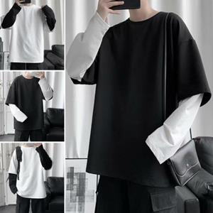 Tianhangyuan Men T-shirt Fake Two Piece Round Neck Long Sleeve Contrast Color Pullover Spring Loose Patchwork Bottoming Shirt Streetwear