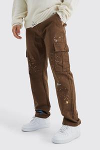 Boohoo Straight Leg Cargo All Over Paint Splatter Trouser, Chocolate
