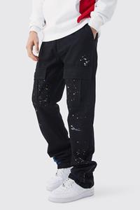 Boohoo Slim Stacked Zip Flare Paint Splatter Cargo Trouser, Black