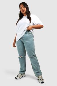 Boohoo Plus Basic Jeans Met Hoge Taille, Rechte Pijpen En Gescheurde Knieën, Washed Blue