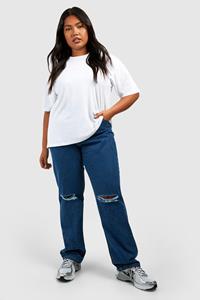 Boohoo Plus Basic Jeans Met Hoge Taille, Rechte Pijpen En Gescheurde Knieën, Washed Indigo