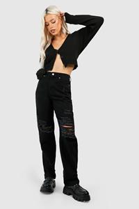 Boohoo Versleten Gescheurde Jeans Met Rechte Pijpen En Hoge Taille, Black