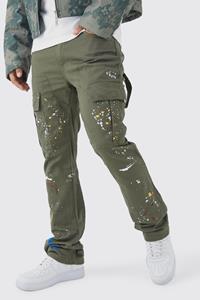 Boohoo Slim Flare Gusset Paint Splatter Cargo Trouser, Khaki