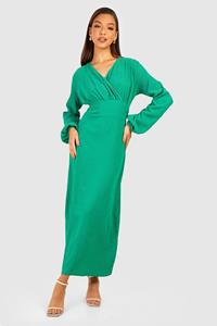 Boohoo Gedrapeerde Wikkel Jurk Met Textuur En Shirtmouwen, Green