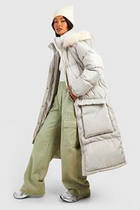 Boohoo Long Line Parka Met Faux Fur Capuchon, Light Grey