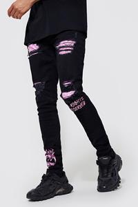 Boohoo Tall Gescheurde Bandana Graffiti Skinny Jeans, Black