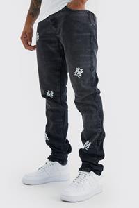 Boohoo Onbewerkte Geborduurde Slim Fit Jeans Met Gusset Detail, Washed Black