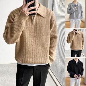 Tianhangyuan Men Sweater Zip Neckline Solid Color Long Sleeve Turn-down Collar Pullover Thermal Soft Vintage Autumn Sweater for Daily Life