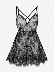 Rosegal Plus Size Sheer Lace Backless Lingerie Babydoll Dress Set