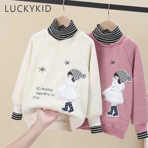 SUPER BABY1 Girls Long-Sleeved Sweaters Shirt Winter Plus Velvet Thickened High-Necked Tops Kids Korean Fashion Warm Bottoming Shirts
