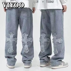 VIYOO Retro Heren Y2K kleding Baggy wijde pijpen Jeans Hip Hop Fashion kleding vrouwen patch oversized rechte broek streetwear teachwear voor mannen