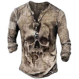 TIP723 Vintage Horror Skulls Print Men's Henley Shirt T-shirts Spring Casual Button-Down V-Neck Long Sleeve Street Tops Men Clothing