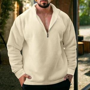 Manjianjing Men Half Zipper Fleece Sweater Top Solid Color Windproof Autumn Winter Long-sleeved Lapel Sweatshirt