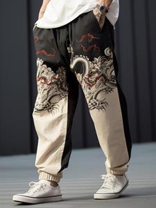 ChArmkpR Mens Chinese Dragon Print Patchwork Loose Pants With Pocket